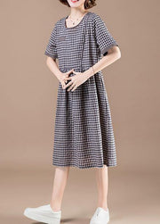 DIY patchwork pockets Cotton quilting dresses stylish Shape blue Plaid baggy Dress Summer - SooLinen
