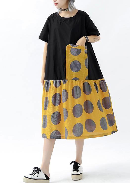 DIY patchwork pockets cotton linen clothes Women design yellow dotted Dresses summer - SooLinen
