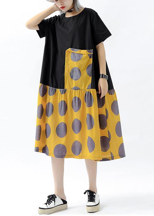 DIY patchwork pockets cotton linen clothes Women design yellow dotted Dresses summer - SooLinen
