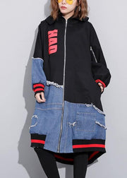 DIY patchwork fine box coat Tunic Tops zippered alphabet prints outwear - SooLinen