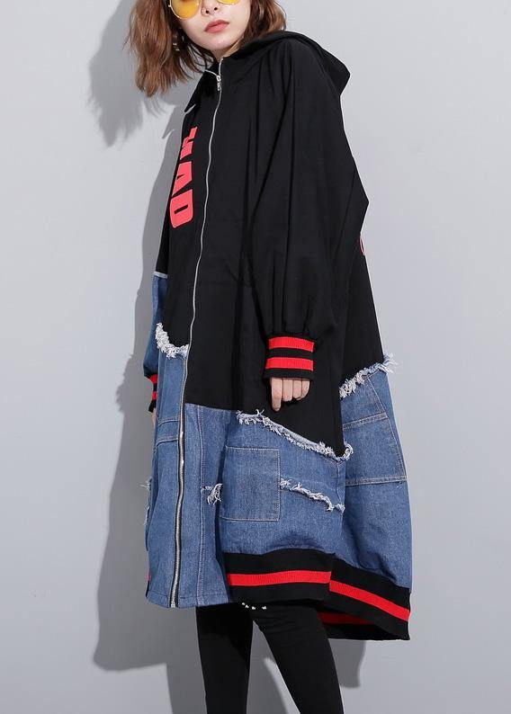 DIY patchwork fine box coat Tunic Tops zippered alphabet prints outwear - SooLinen