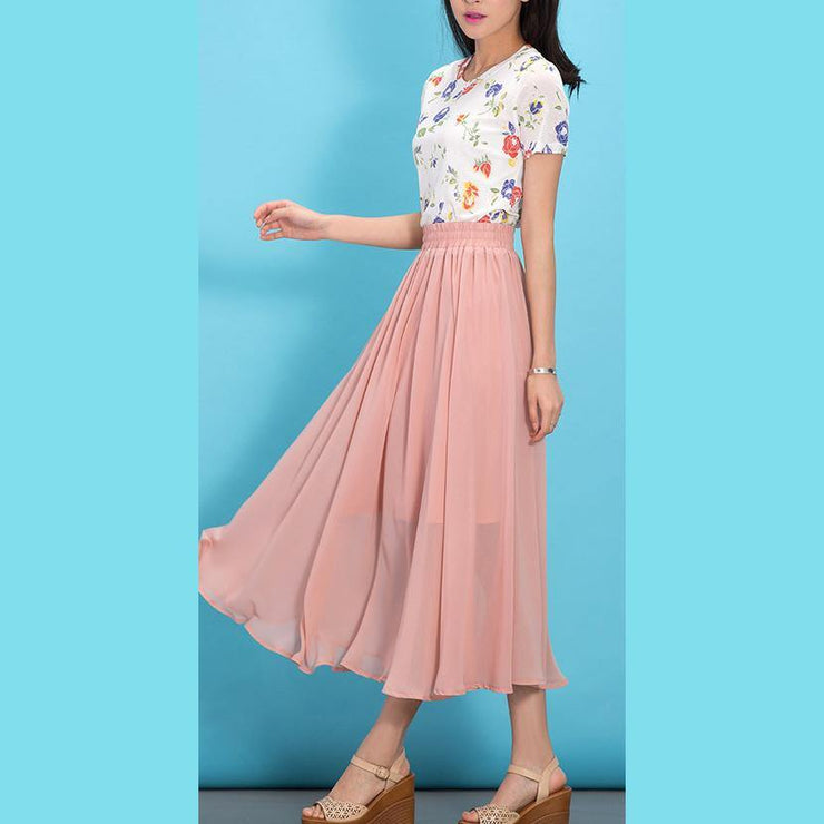 DIY pink elastic waist chiffon clothes big hem Traveling summer Dresses - SooLinen