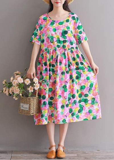 DIY pink prints Cotton clothes short sleeve tunic summer Dresses - SooLinen