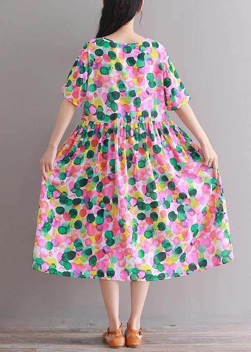 DIY pink prints Cotton clothes short sleeve tunic summer Dresses - SooLinen