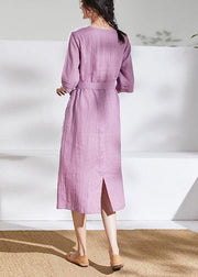 DIY pink purple linen dresses v neck tie waist shift summer Dresses - SooLinen