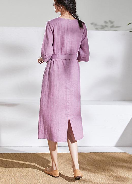 DIY pink purple linen dresses v neck tie waist shift summer Dresses - SooLinen
