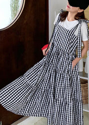 DIY plaid cotton linen Robes patchwork pockets loose Dress - SooLinen
