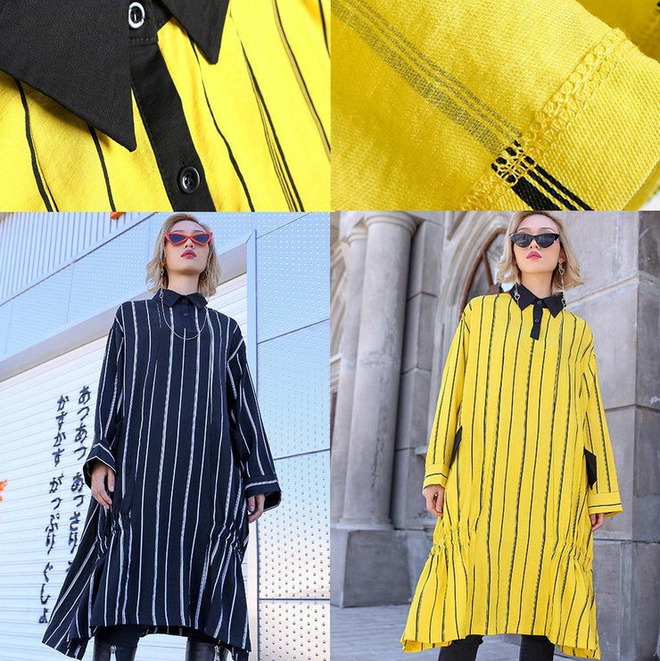 DIY pockets Cotton clothes For Women Fitted Shirts black striped daily Dresses