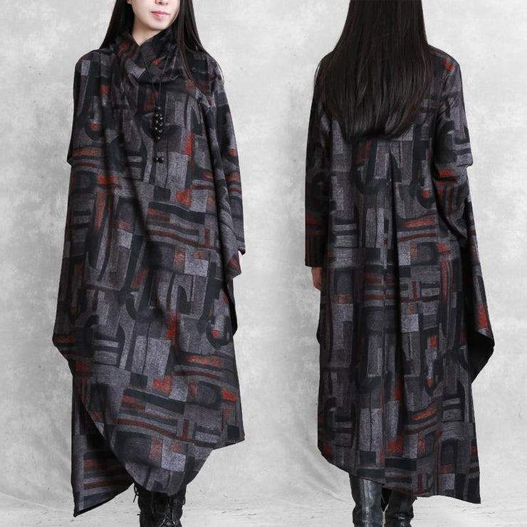 DIY print cotton tunic top asymmetric pockets Plus Size Dress - SooLinen