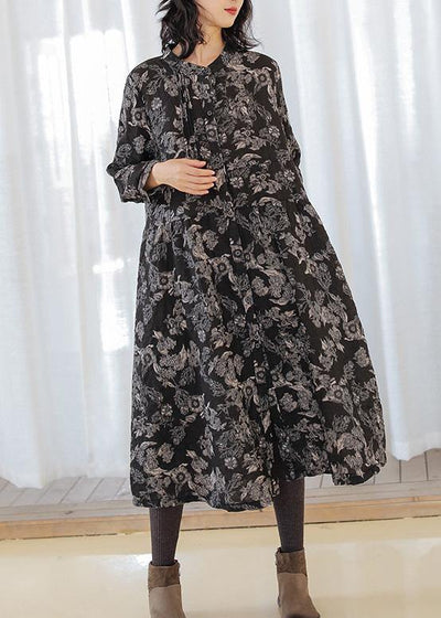 DIY print linen cotton outfit stand collar Cinched cotton fall Dress - SooLinen