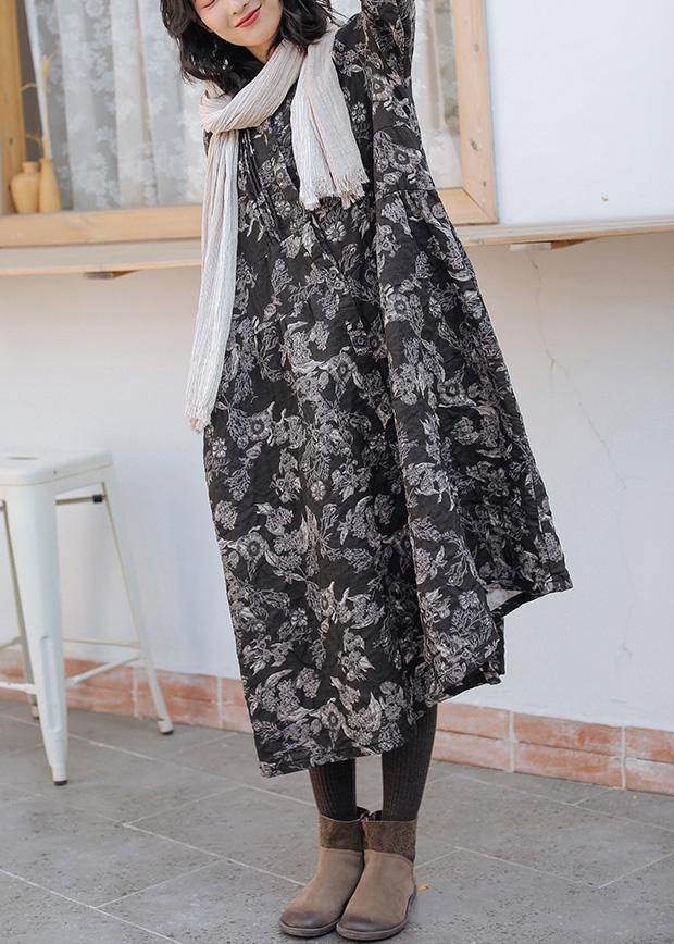 DIY print linen cotton outfit stand collar Cinched cotton fall Dress - SooLinen