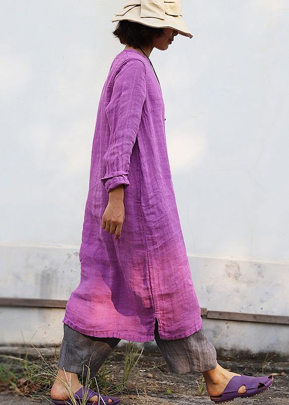 DIY purple linen Robes embroidery linen robes o neck Dresses - SooLinen