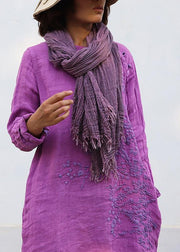 DIY purple linen Robes embroidery linen robes o neck Dresses - SooLinen