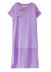 DIY purple linen clothes For Women o neck cotton side open Dress - SooLinen