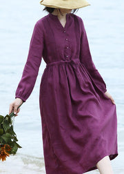 DIY purple linen dresses long sleeve Dresses v neck Dresses - SooLinen