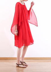 DIY red chiffon Wardrobes plus size Work o neck Batwing Sleeve Summer Dresses - SooLinen