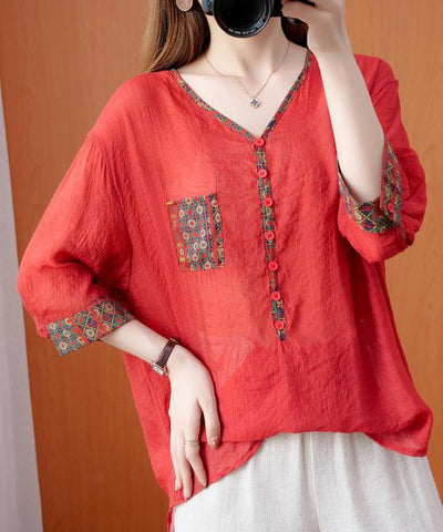 DIY red clothes For Women v neck patchwork oversized fall shirts - SooLinen