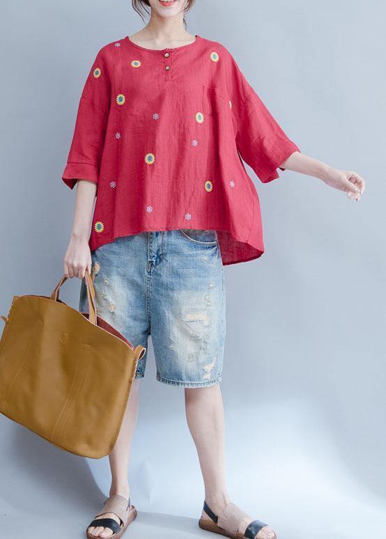 DIY red o neck cotton linen tunic pattern Photography embroidery summer shirts - SooLinen