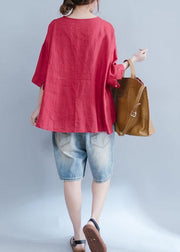 DIY red o neck cotton linen tunic pattern Photography embroidery summer shirts - SooLinen