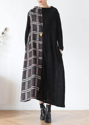 DIY red plaid clothes For Women high neck patchwork long fall Dresses - SooLinen