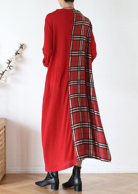 DIY red plaid clothes For Women high neck patchwork long fall Dresses - SooLinen