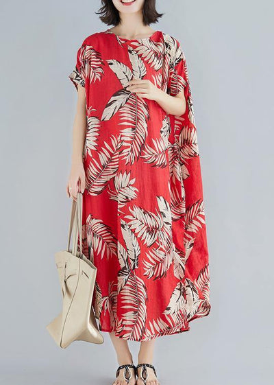 DIY red print linen cotton Soft Surroundings o neck pockets loose summer Dresses - SooLinen