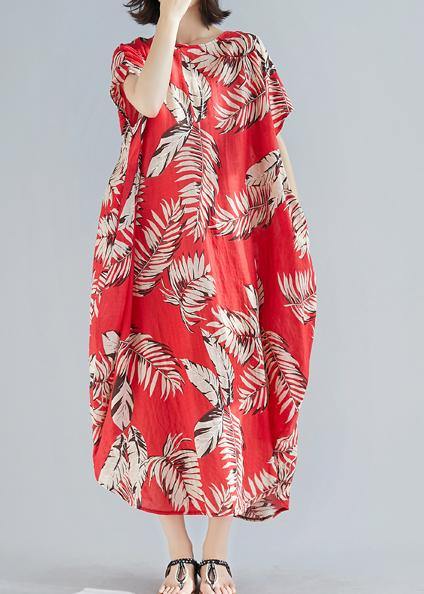 DIY red print linen cotton Soft Surroundings o neck pockets loose summer Dresses - SooLinen