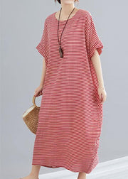 DIY red striped cotton tunics for women Plus Size Tutorials o neck A Line Summer Dresses - SooLinen