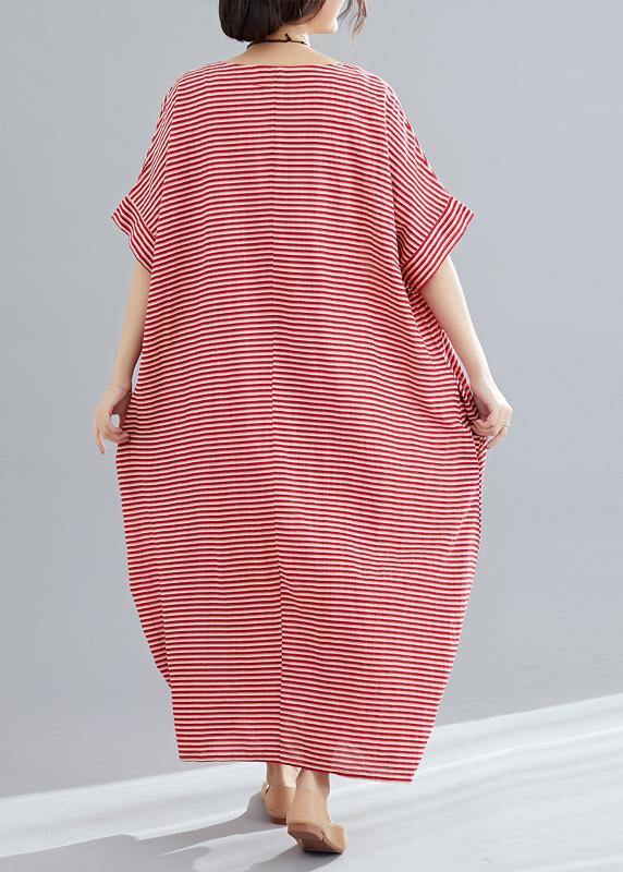DIY red striped cotton tunics for women Plus Size Tutorials o neck A Line Summer Dresses - SooLinen