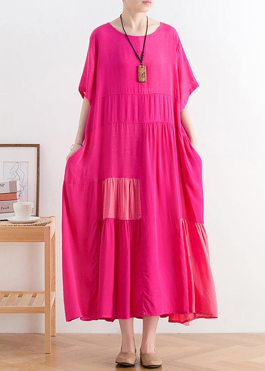 DIY rose cotton clothes Women o neck patchwork A Line Dress - SooLinen