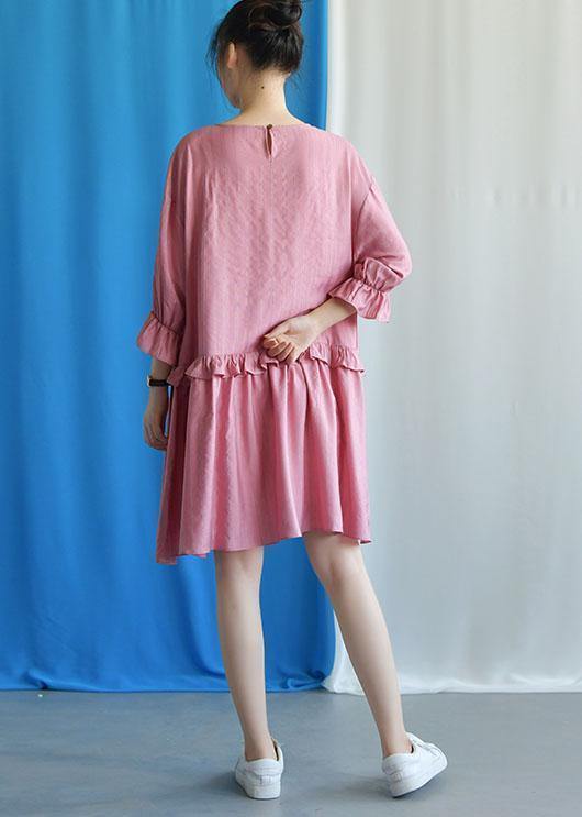 DIY ruffles collar cotton clothes Outfits pink Dresses fall - SooLinen