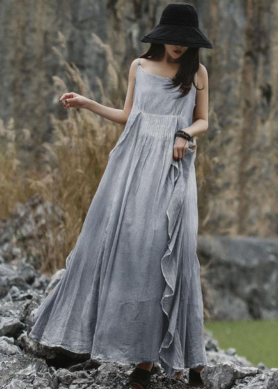 DIY ruffles side linen Long Shirts Sewing gray sleeveless Dresses summer - SooLinen