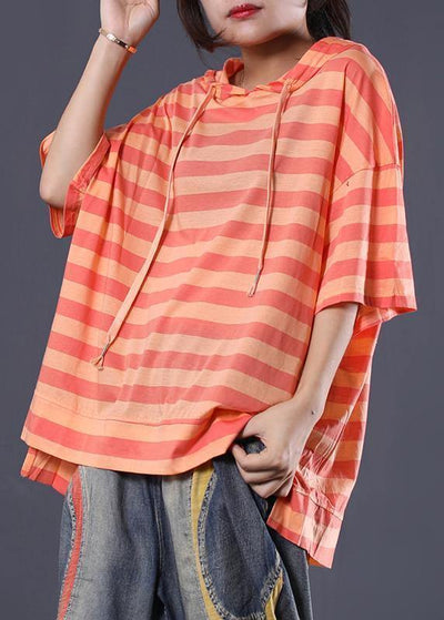 DIY short sleeve cotton tunic top Shape orange stripe shirts summer - SooLinen