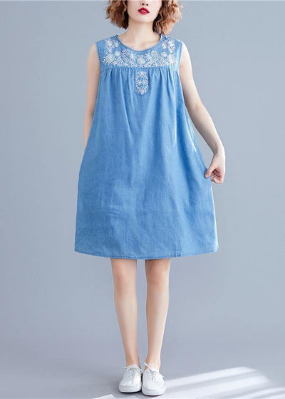 DIY sleeveless embroidery Cotton clothes Women Work denim blue Dresses summer - SooLinen