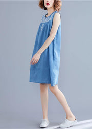 DIY sleeveless embroidery Cotton clothes Women Work denim blue Dresses summer - SooLinen