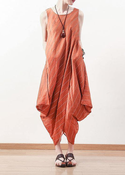 DIY sleeveless linen Long Shirts Inspiration orange o neck Dresses summer - SooLinen