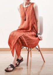 DIY sleeveless linen Long Shirts Inspiration orange o neck Dresses summer - SooLinen
