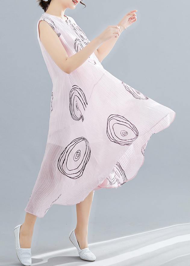 DIY sleeveless low high design linen Tunics Work Outfits pink print Dresses summer - SooLinen