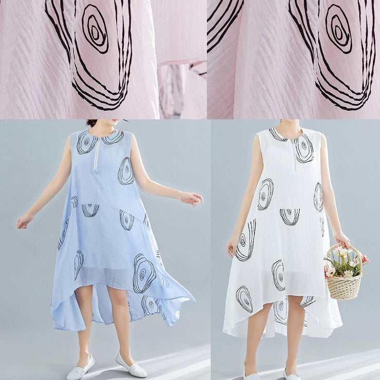 DIY sleeveless low high design linen Tunics Work Outfits pink print Dresses summer - SooLinen