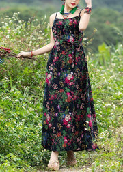 DIY sleeveless tie waist cotton clothes Photography black print A Line Dresses summer - SooLinen