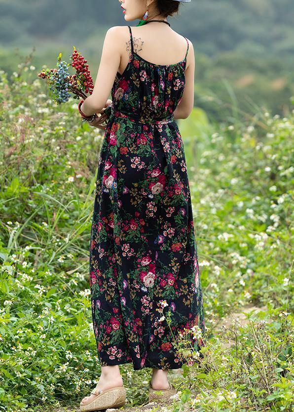 DIY sleeveless tie waist cotton clothes Photography black print A Line Dresses summer - SooLinen