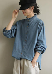 DIY stand collar Button Down top Fashion Ideas blue blouses - SooLinen