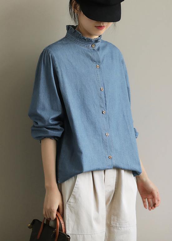 DIY stand collar Button Down top Fashion Ideas blue blouses - SooLinen