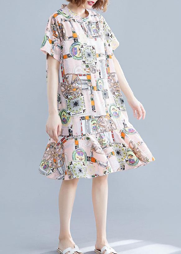 DIY stand collar Cotton tunic dress Tunic Tops prints Dress summer - SooLinen