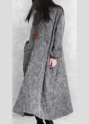 DIY stand collar asymmetric linen dresses pattern gray Plaid Dress - SooLinen
