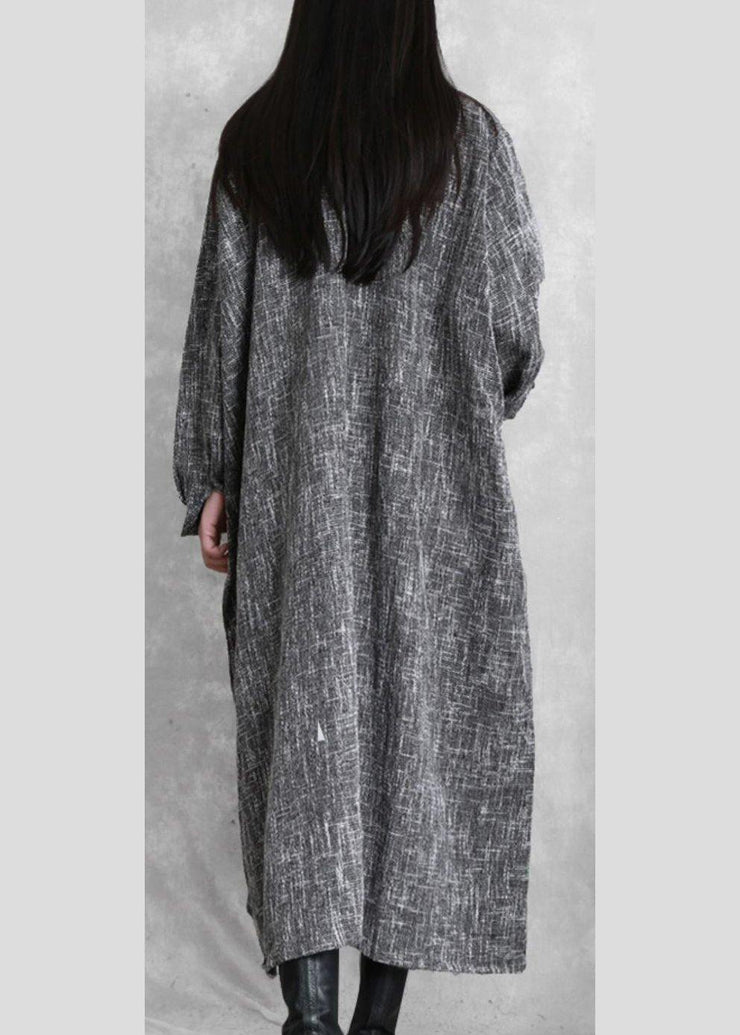 DIY stand collar asymmetric linen dresses pattern gray Plaid Dress - SooLinen