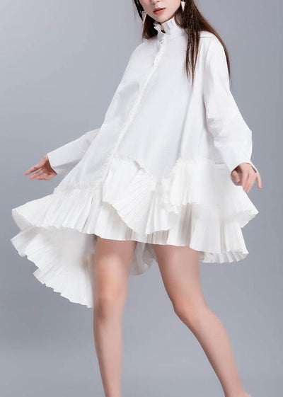 DIY stand collar cotton linen tops women blouses Work white blouse ruffles hem - SooLinen