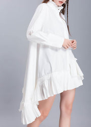 DIY stand collar cotton linen tops women blouses Work white blouse ruffles hem - SooLinen