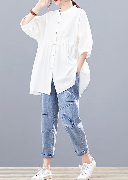 DIY stand collar cotton summerblouses for women Photography white tops - SooLinen