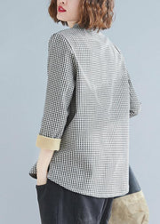 DIY stand collar pockets linen Blouse gray plaid top - SooLinen